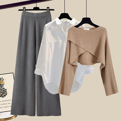 Conjunto de 3 Piezas: Suéter Tejido, Camisa y Pantalón Ancho - Image 9