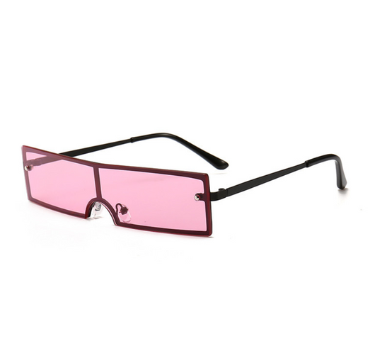 Red rectangular rimless sunglasses with gold-colored metal temples and black ear tips on a white background. - Image 5