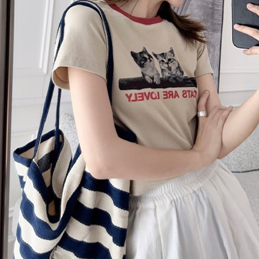 Blusa Estampado Animal Cuello Redondo Manga Corta Ajustada