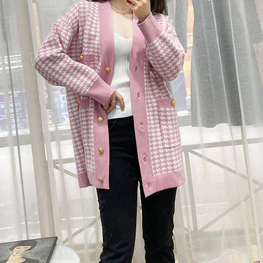 Cardigan de Punto con Patrón Pata de Gallo y Escote en V para Mujer