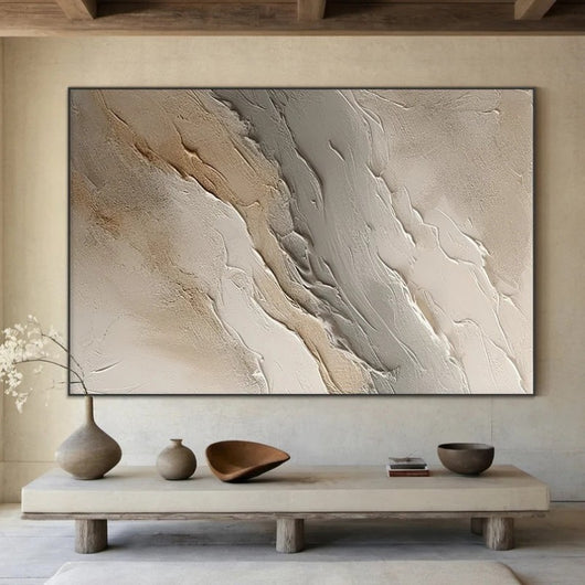 Cuadro Abstracto Texturizado Óleo Sobre Lienzo Beige Gris Olas Decorativo - Image 5