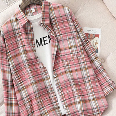 Blusa Retro Cuadros Oversized Manga Larga Casual Mujer - Image 15