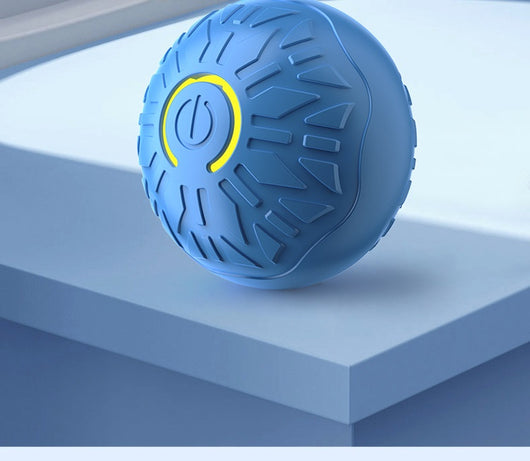 Upgraded blue electric jumping ball for pets with a yellow power button, made of chewable silicone, on a white pedestal. - Image 36