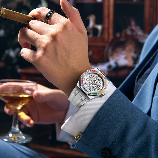 Reloj Automático para Hombre con Banda de Silicona Arcoíris y Diamantes - Image 12