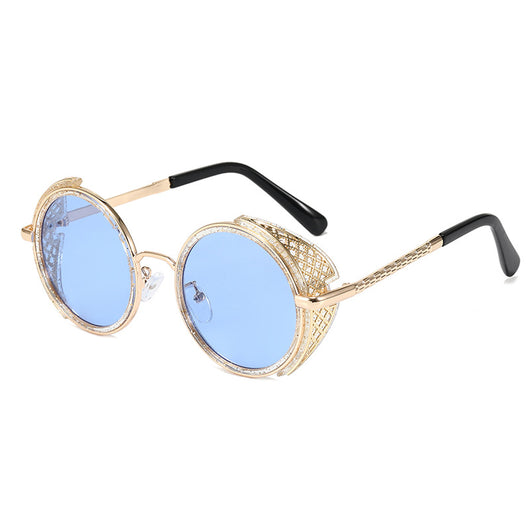 Round gold-framed sunglasses with light blue lenses and decorative side shields, featuring black temple tips. - Image 5