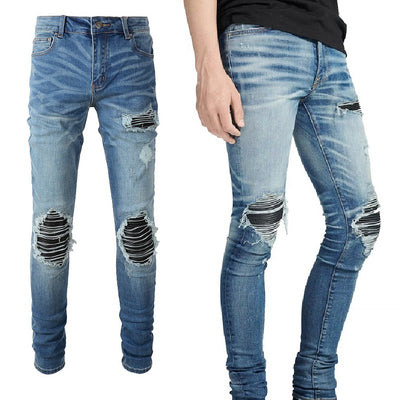 Jeans Vintage Desgastados con Parches de Cuero y Diseño Patchwork para Hombre - Image 16