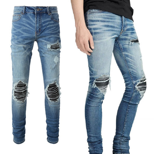 Jeans Vintage Desgastados con Parches de Cuero y Diseño Patchwork para Hombre - Image 16