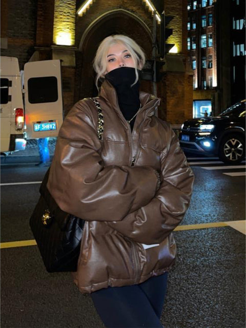 Abrigo Parka Marrón con Cuello Alto y Cierre para Mujer - Image 2