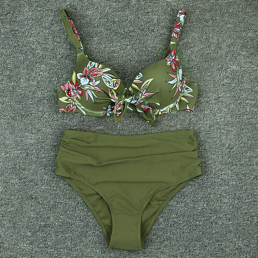Olive green floral print bikini top with tie-front and solid high-waisted ruched bottoms on a grey background. - Image 4