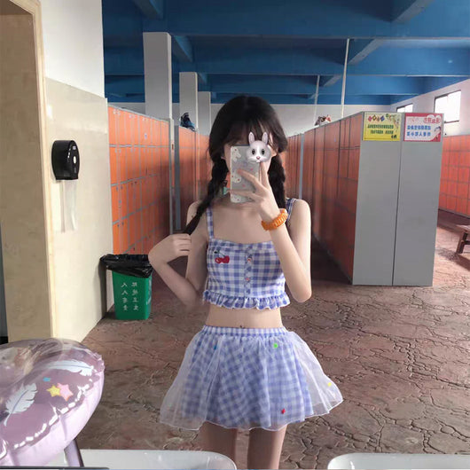 Sweet blue and white gingham two-piece swimsuit with cherry embroidered crop top and star-decorated skirt. - Image 7