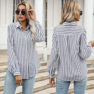 Camisa de Rayas Verticales con Solapa para Mujer - Estilo Europeo - Image 9