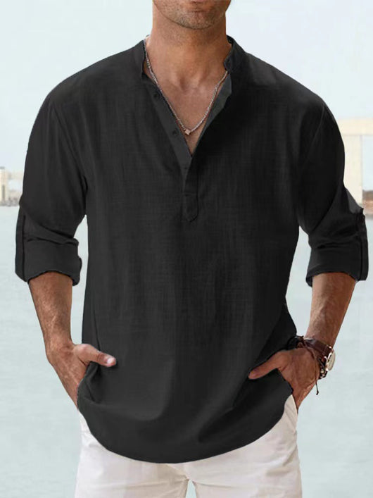 Camisa de Lino Hombre Cuello Mao Manga Larga Suelta - Image 19