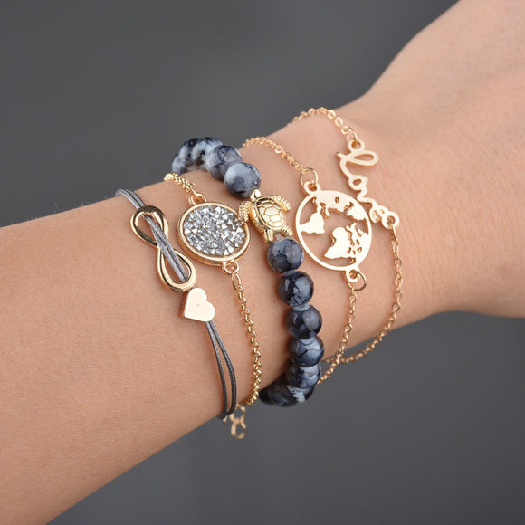 Set de Pulseras Boho Corazón Tortuga con Piedras - Diseño Infinito para Mujer