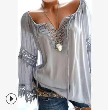 Blusa Asimétrica de Algodón y Lino con Encaje de Manga Larga - Image 14