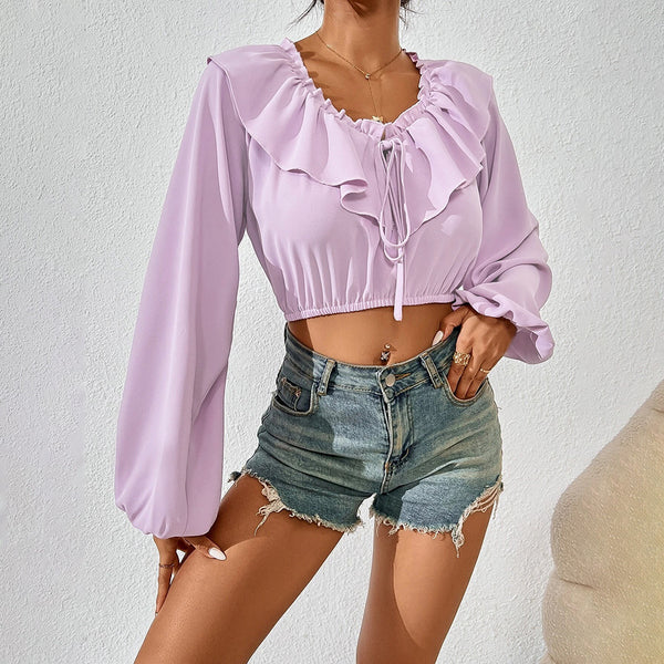 Blusa Elegante de Manga Larga con Cuello Fruncido y Volantes