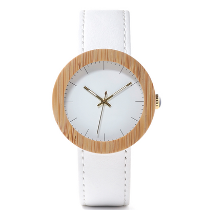 Reloj de Pulsera Elegante en Cuero y Bambú con Movimiento de Cuarzo