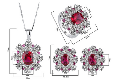 Conjunto de Joyas Plata 925 Flor Tesoro Rojo Paloma - Anillo, Aretes y Pendiente - Image 11