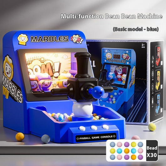 Red tabletop marble game machine with a joystick, buttons, and a lighted display, featuring colorful marbles. - Image 7