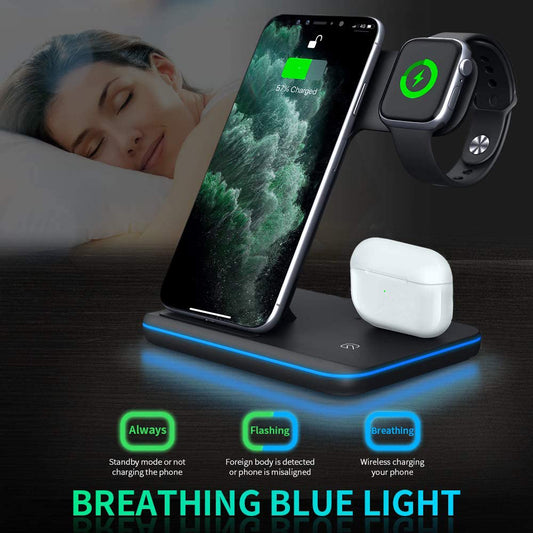 Cargador Inalámbrico 3 en 1 para Teléfono, Reloj y Auriculares