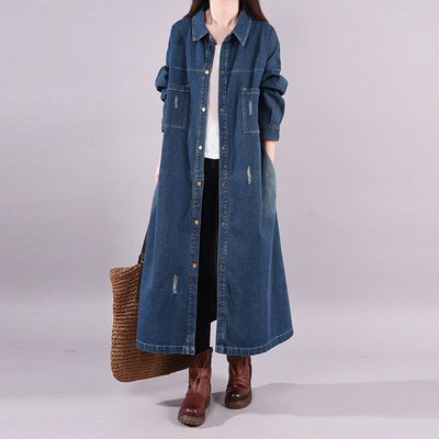 Abrigo Denim Tipo Trench Suelto Retro Desgastado Largo Medio - Image 6