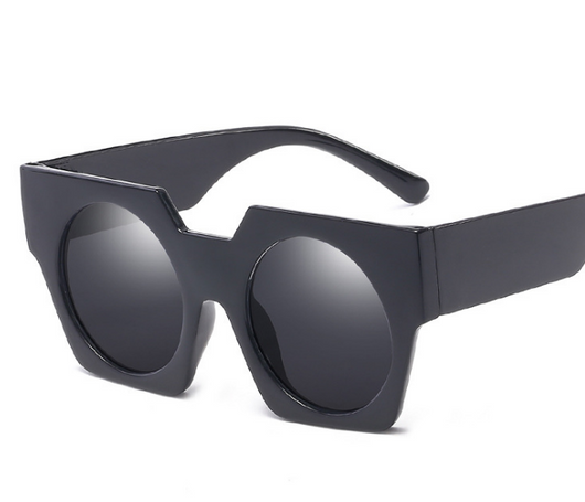 White geometric vintage big frame sunglasses with round purple gradient lenses, shown at an angle. - Image 2