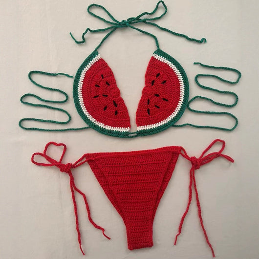 Handmade crocheted bikini with watermelon slice top in red, green, and white, and solid red tie-side bottoms.