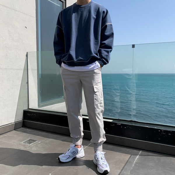 Sudadera Cuello Redondo Hombre Diseño Suelto Otoño Camiseta Manga Larga Color Sólido