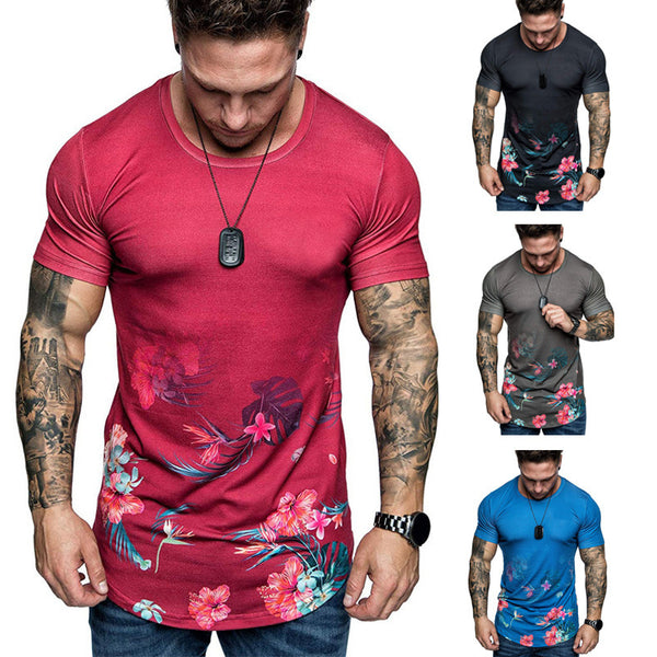Camisa Estampada Flores Slim Fit Hombre Manga Corta Casual Plus Size
