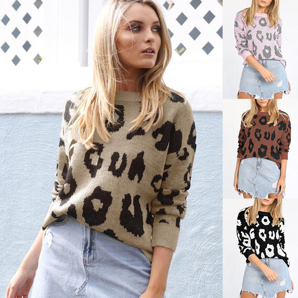 Suéter Suelto de Leopardo Multicolor Manga Larga para Otoño e Invierno