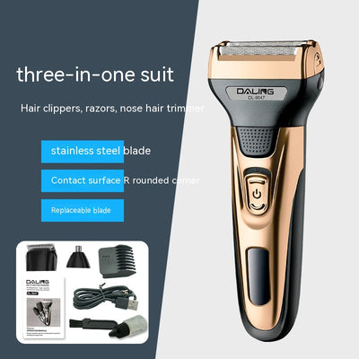 Gold and black three-in-one electric shaver with foil head, hair clipper, nose trimmer, and accessories. - Image 2