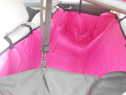 Brown waterproof car pet seat cover installed in the back seat of a red car, protecting upholstery from pets. - Image 16