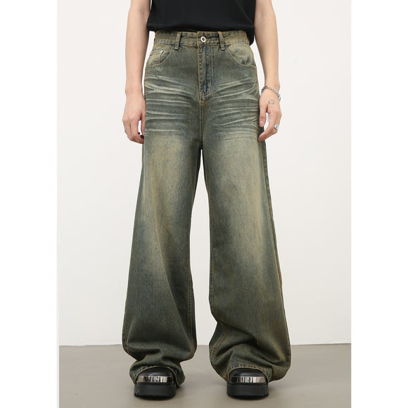 Jeans Azul Cyan Estilo Retro Americano con Desgastes para Hombre