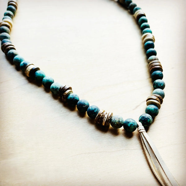**Frosted African Turquoise Necklace Wood Beads Leather Tassel 257z