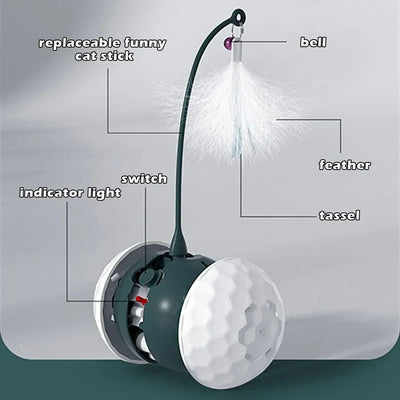 White and dark green cat teaser toy with a golf ball textured base and a flexible arm topped with white feathers. - Image 3
