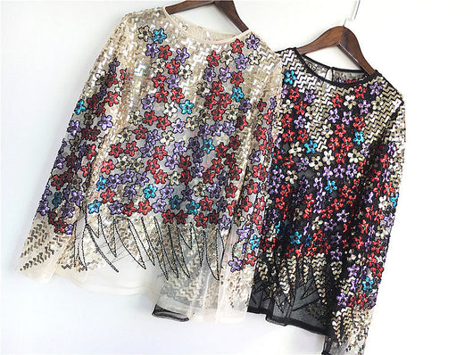 Blusa Larga de Encaje con Flores y Lentejuelas Brillantes - Image 11