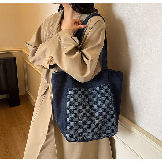 Bolsa Tote de Mezclilla Lavada con Patrón Escocés y Gran Capacidad - Image 12