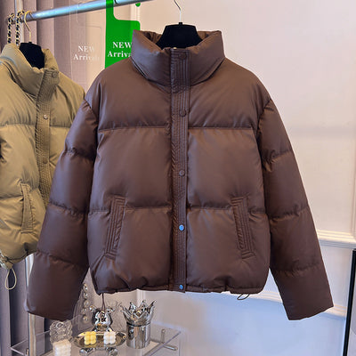 Chaqueta Acolchada de Cuero PU con Cuello Alto para Mujer