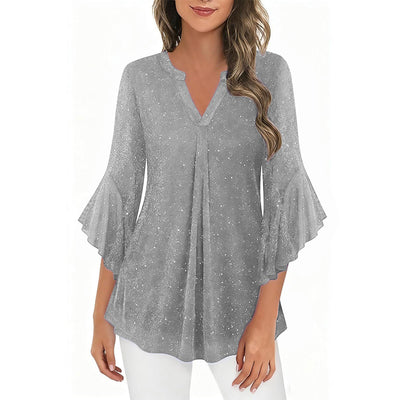 Blusa Suelta de Malla Plateada con Cuello V y Mangas 3/4 Pétalos - Image 39