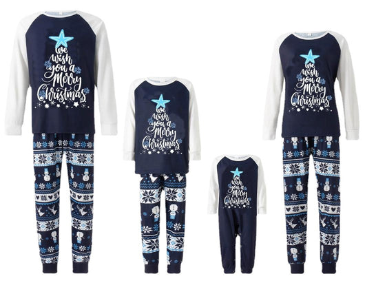 Matching family pajamas with navy blue and white raglan tops featuring a 'Let it Snow' graphic and snowman hat. Bottoms have a festive pattern of snowflakes, sn - Image 12