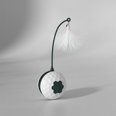 Electric cat toy with a white golf ball-textured base, a dark green flexible arm, and a white feather attachment. - Image 7