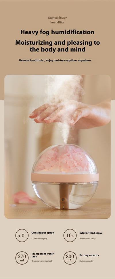 Pink round mini humidifier with clear dome, decorative pink flowers, and a light-up base, ideal for desktop or bedroom. - Image 22