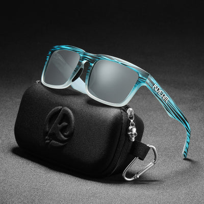 Men's and women's dazzling blue and black striped polarized sunglasses with gray lenses and a black case. - Image 53