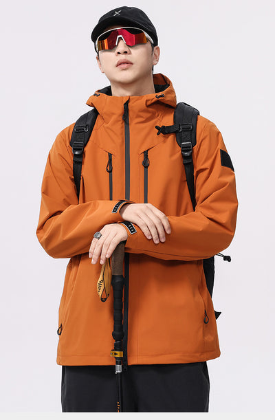 Man wearing a black windproof and waterproof outdoor jacket with a hood, sports sunglasses, and a bucket hat, holding a trekking pole. - Image 15