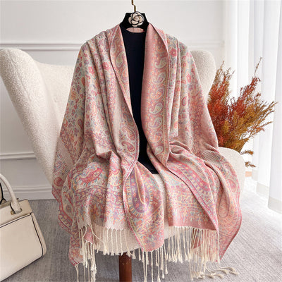 Chal de Lujo Ligero con Jacquard y Borlas de Cachemira