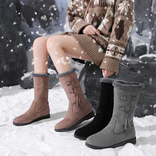 Botas Cálidas de Flecos y Terciopelo con Tacón Plano para Mujer