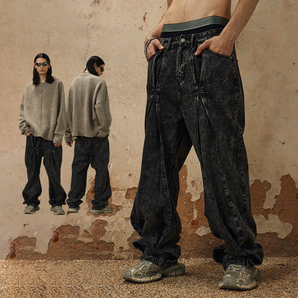 Jeans Holgados con Diseño Plisado y Estampado Copo de Nieve