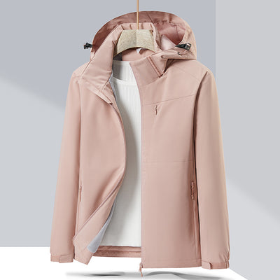 Lavender windproof sports jacket with a hood, full zipper, and fleece lining, shown on a hanger. - Image 5