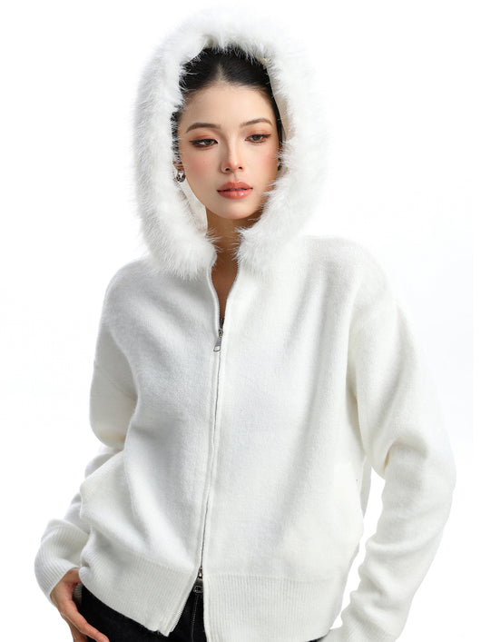 Abrigo Cardigan con Capucha y Cuello de Pelaje Beige para Mujer - Image 4