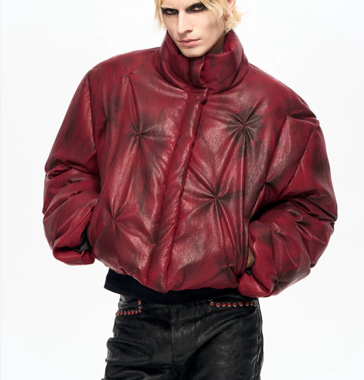 Chaqueta Puffer Corta de Cuero con Cuello Alto y Fruncido - Image 7
