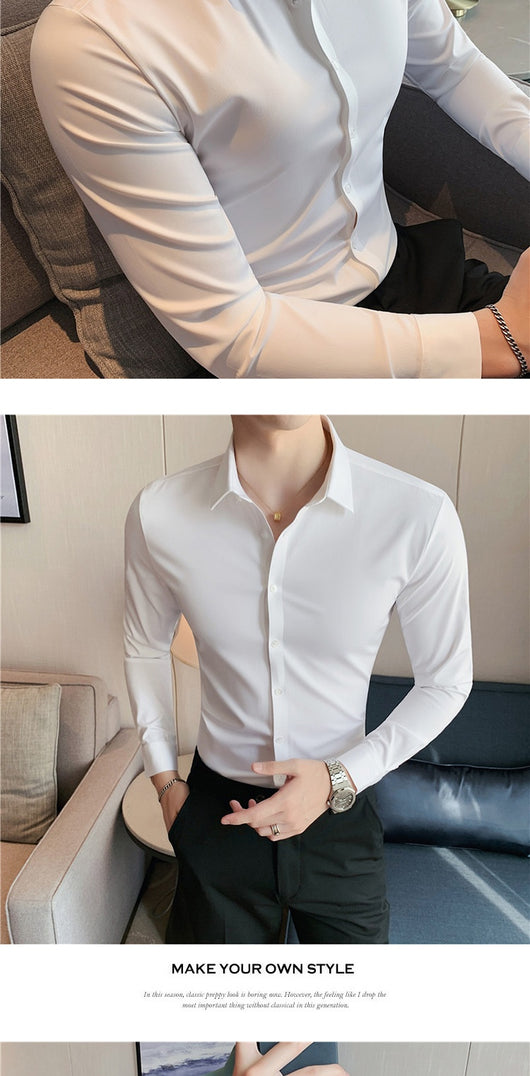 Camisa Ejecutiva Coreana Slim Fit de Punto Elástico para Hombre - Image 27